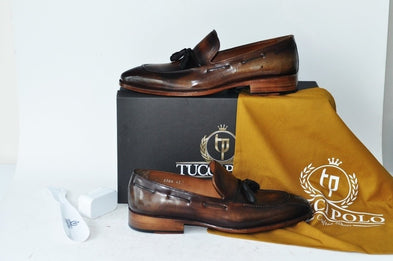 TucciPolo Mens Brown Handcrafted Tassel Italian Calfskin Luxury Loafers