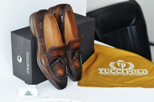 TucciPolo Mens Brown Handcrafted Tassel Italian Calfskin Luxury Loafers