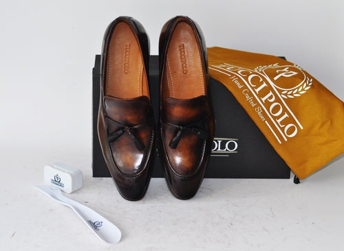 TucciPolo Mens Brown Handcrafted Tassel Italian Calfskin Luxury Loafers