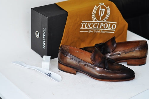 TucciPolo Mens Brown Handcrafted Tassel Italian Calfskin Luxury Loafers