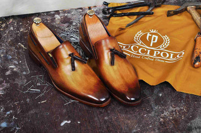 TucciPolo Mens Classic Italian Calf Skin Handmade Tassel Tan Carnel Loafers Shoes