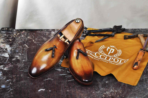 TucciPolo Mens Classic Italian Calf Skin Handmade Tassel Tan Carnel Loafers Shoes