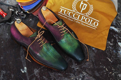 TucciPolo Mens Derby Style Luxury Shoe - Side Handsewn Bleached Greenish Purple Suede Upper