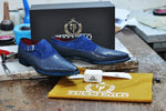 TucciPolo Mens Genuine Blue Stingray with Half Suede HandWelted Handmade Monkstrap Pointed Toe Shoe