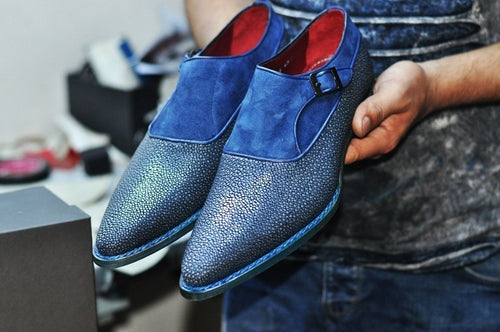 TucciPolo Mens Genuine Blue Stingray with Half Suede HandWelted Handmade Monkstrap Pointed Toe Shoe