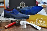 TucciPolo Mens Genuine Blue Stingray with Half Suede HandWelted Handmade Monkstrap Pointed Toe Shoe