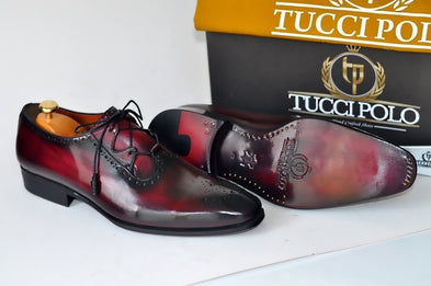 TucciPolo Mens Handmade Burgundy Oxford Italian Leather Luxury Shoe