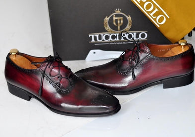 TucciPolo Mens Handmade Burgundy Oxford Italian Leather Luxury Shoe