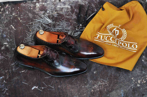 TucciPolo Mens Handmade Burnished Brown Oxford Italian Leather Luxury HandPolished Shoe