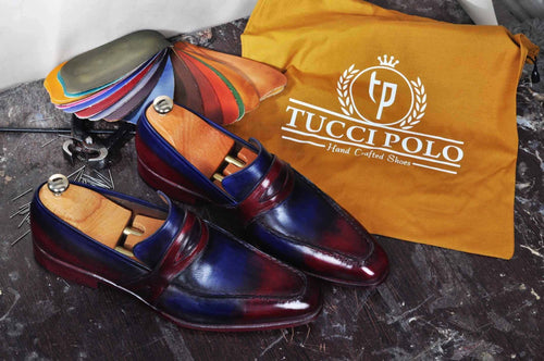 TucciPolo Mens Handmade Italian Leather Luxury Two Tone Blueish Burgundy Loafers Shoe