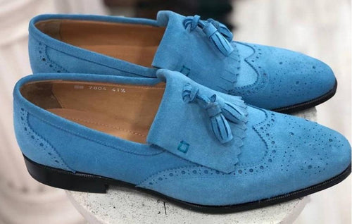TucciPolo Mens Handmade Luxury Blue Suede Tassel Loafers