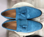 TucciPolo Mens Handmade Luxury Blue Suede Tassel Loafers