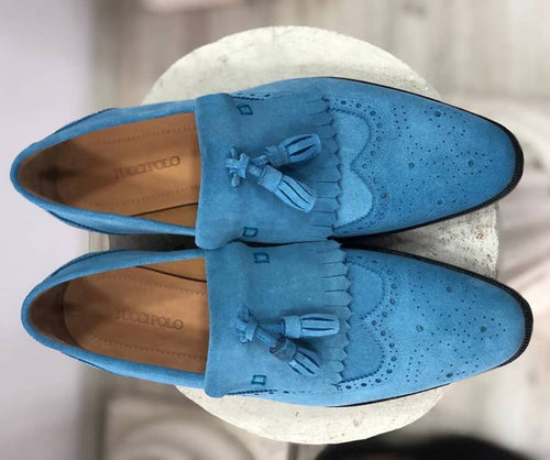 TucciPolo Mens Handmade Luxury Blue Suede Tassel Loafers