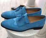 TucciPolo Mens Handmade Luxury Blue Suede Tassel Loafers