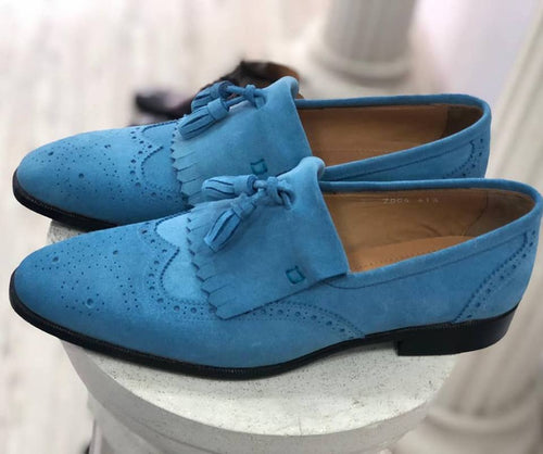 TucciPolo Mens Handmade Luxury Blue Suede Tassel Loafers