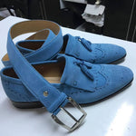 TucciPolo Mens Handmade Luxury Blue Suede Tassel Loafers
