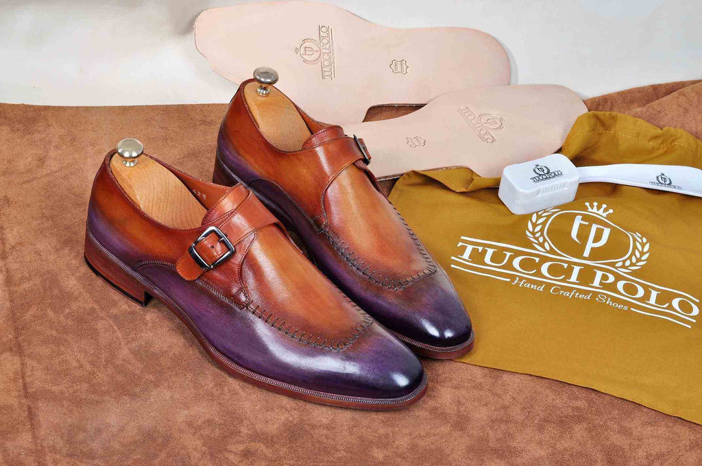 TucciPolo Mens Handmade Purple Brown Single Buckle Monkstrap Italian Leather Luxury Shoe Medium (D) / 11.5 TucciPolo Mens Handmade Purple Brown Single Buckle Monkstrap Italian Leather Luxury Shoe Medium (D) / 11.5