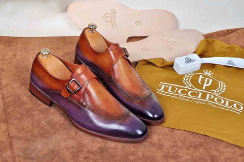 TucciPolo Mens Handmade Purple Brown Single Buckle Monkstrap Italian Leather Luxury Shoe
