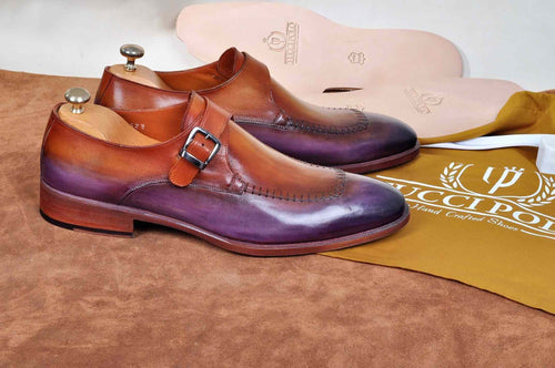 TucciPolo Mens Handmade Purple Brown Single Buckle Monkstrap Italian Leather Luxury Shoe