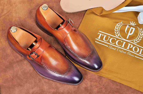 TucciPolo Mens Handmade Purple Brown Single Buckle Monkstrap Italian Leather Luxury Shoe