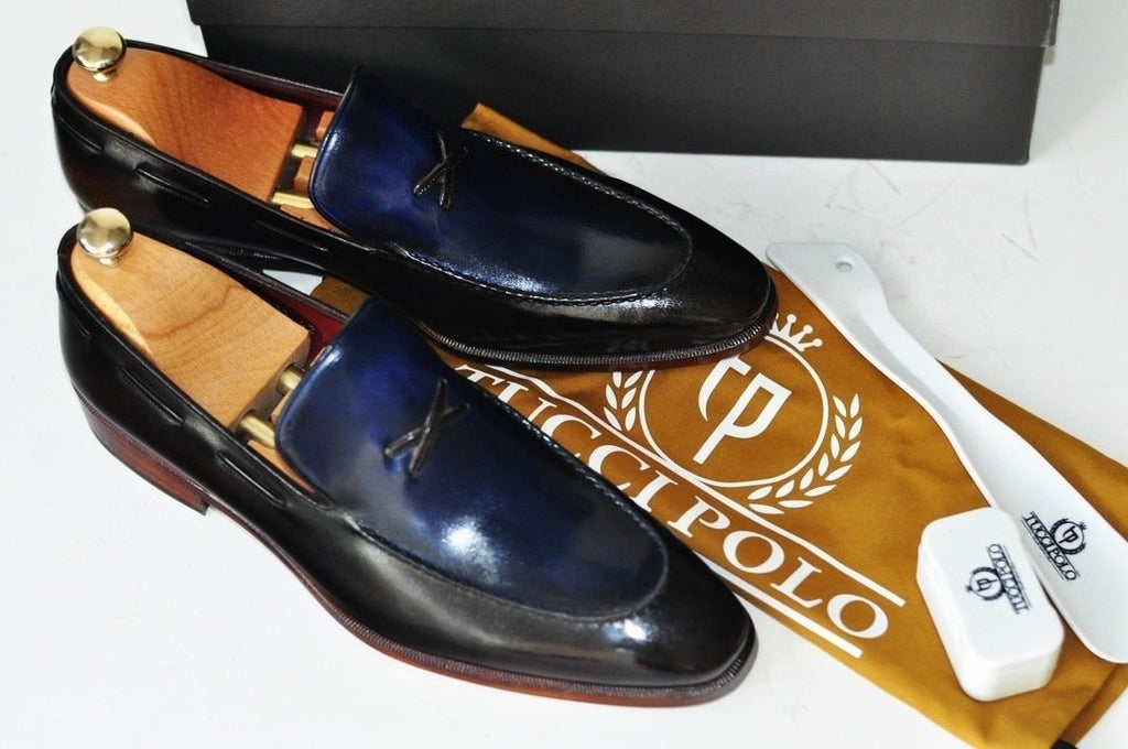 Tuccipolo mens luxury handmade italian leather mixed tone blue and bro