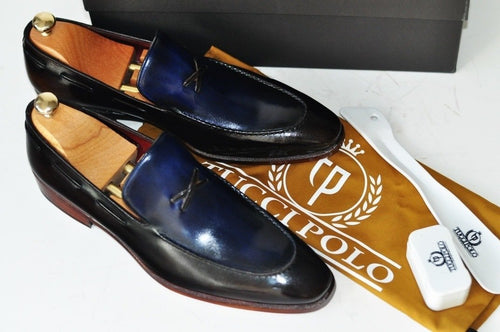 TucciPolo Mens Luxury Handmade Italian Leather Mixed Tone Blue and Brown Loafers Shoe