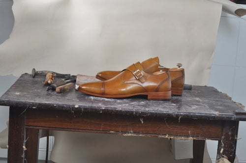 TucciPolo Mens Single Monkstrap Tobacco Tone Mens Classic Handmade Italian Leather Luxury Shoe