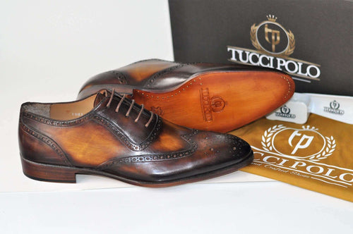 TucciPolo Oxford Wingtips Handstitched Luxury Mens Handmade Bleach Brown Italian Leather Shoe