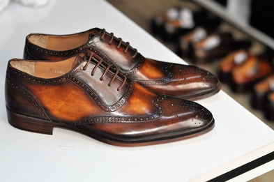 TucciPolo Oxford Wingtips Handstitched Luxury Mens Handmade Bleach Brown Italian Leather Shoe