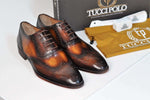 TucciPolo Oxford Wingtips Handstitched Luxury Mens Handmade Bleach Brown Italian Leather Shoe