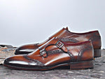 TucciPolo Pietra Monkstrap Double Buckle Handmade Tobacco Mens Classic Calfskin Shoe