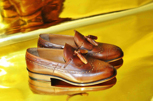 TucciPolo Mens Handmade Wingtip Brown Tassel Loafers Style Luxury Shoe