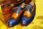 TucciPolo Handmade Wingtip Oxford Style Blue tan Mens Luxury Shoe