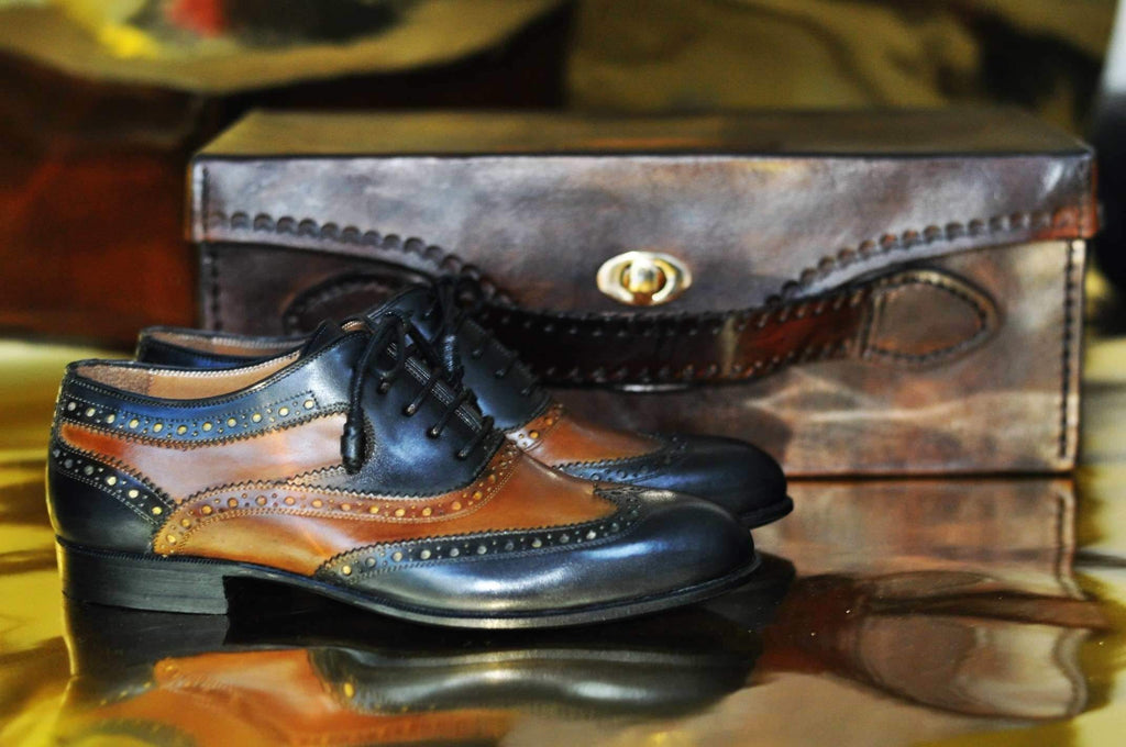 Tuccipolo mens handmade wingtip oxford style two tone brown and black