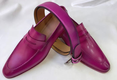 TucciPolo Luma Classic Elegant Purple Pink Italian Leather Mens Luxury Loafer Handmade Shoe with Matching Belt Combo