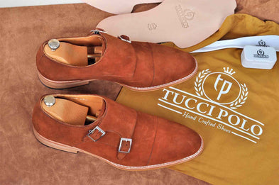 TucciPolo Handmade Double Buckle Monkstrap Mens Luxury Suede Shoe