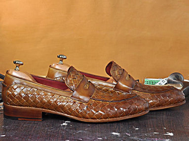 TucciPolo Digno-T Stylish Tobacco Chequeboard Woven Italian Leather Handmade Mens Loafer Shoe