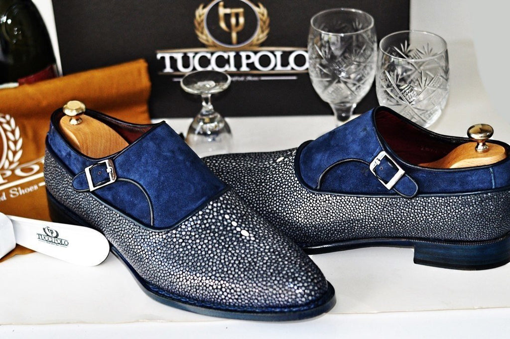 men's luxury dress shoes TucciPolo Genuine Blue Stingray Half Suede Luxury Shoe — Exotic Handmade Italian Leather for Men Wide (E-2E) / 7