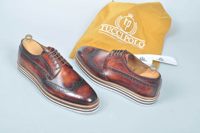 TucciPolo Limited Edition Handmade Sporty Luxury Burnished Brown Wingtip Brogue Mens Italian Leather Sneaker