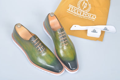 TucciPolo Limited Edition Sporty Handmade Luxury Greenish Mens Italian Leather Oxford Style Sneaker