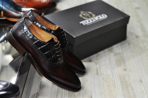 TucciPolo TROY-TP Handmade Genuine Crocodile with Brown Italian Leather Mens Luxury Designer Shoe