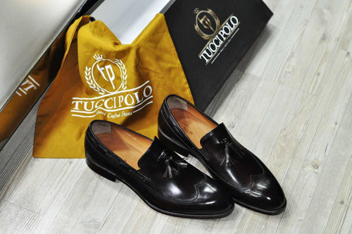 TucciPolo Mens Handmade Italian Leather Tassel Black Luxury Loafers Shoe