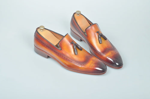 TucciPolo Handmade Luxury Tan Brogue Mens Italian Leather Tassel Loafers Shoes