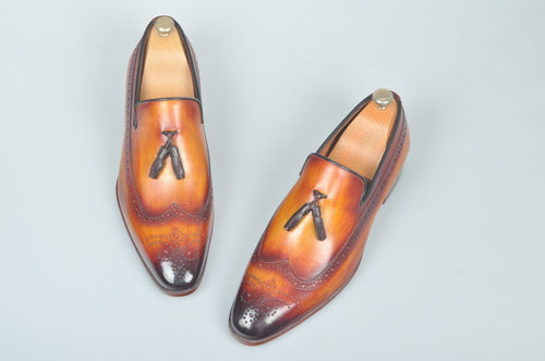 TucciPolo Handmade Luxury Tan Brogue Mens Italian Leather Tassel Loafers Shoes