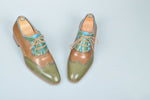 TucciPolo Handmade Luxury Tri-Color Brown and Green with Blue Trim Mens Italian Leather Shoes