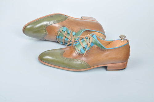 TucciPolo Handmade Luxury Tri-Color Brown and Green with Blue Trim Mens Italian Leather Shoes