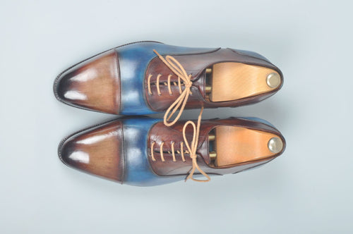 TucciPolo Handmade Luxury Two Tone Brown and Blue Mens Italian Leather Captoe Shoes