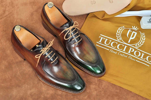 TucciPolo Mens Handmade Greenish Brown Oxford Side Handsewn Welted Italian Leather Core Luxury Shoe