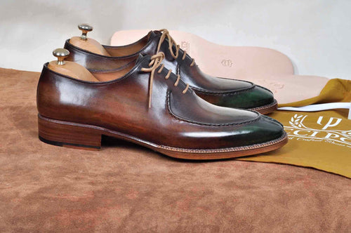 TucciPolo Mens Handmade Greenish Brown Oxford Side Handsewn Welted Italian Leather Core Luxury Shoe