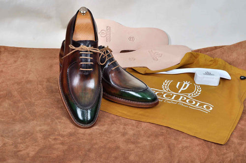TucciPolo Mens Handmade Greenish Brown Oxford Side Handsewn Welted Italian Leather Core Luxury Shoe